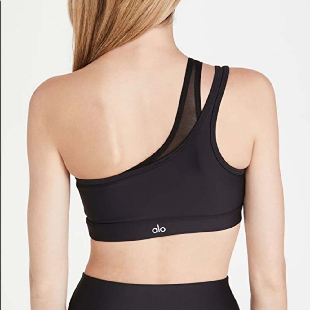 ALO Yoga Black On Duty One-Shoulder Sports Bra with Mesh Detail